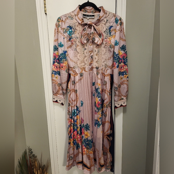 Dalia Macphee Terese Long Sleeve Pleated Midi Dress Size Small Pink - Picture 8 of 16